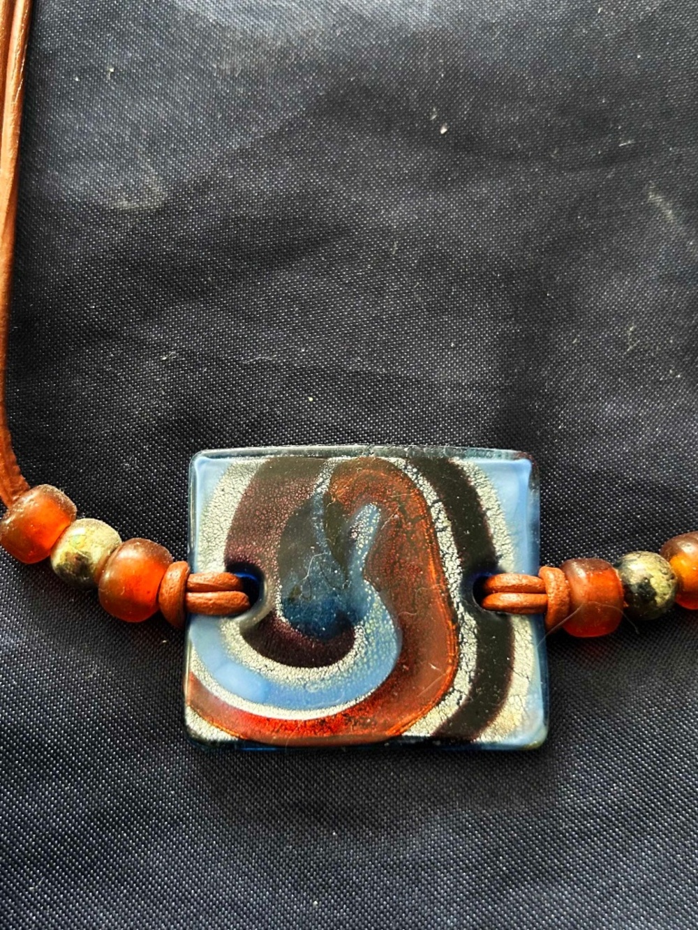 NECKLACE HANDBLOWN GLASS DICHROIC RECTANGLE BLUE/SILVER/ORANGE/BLACK ON DOUBLE